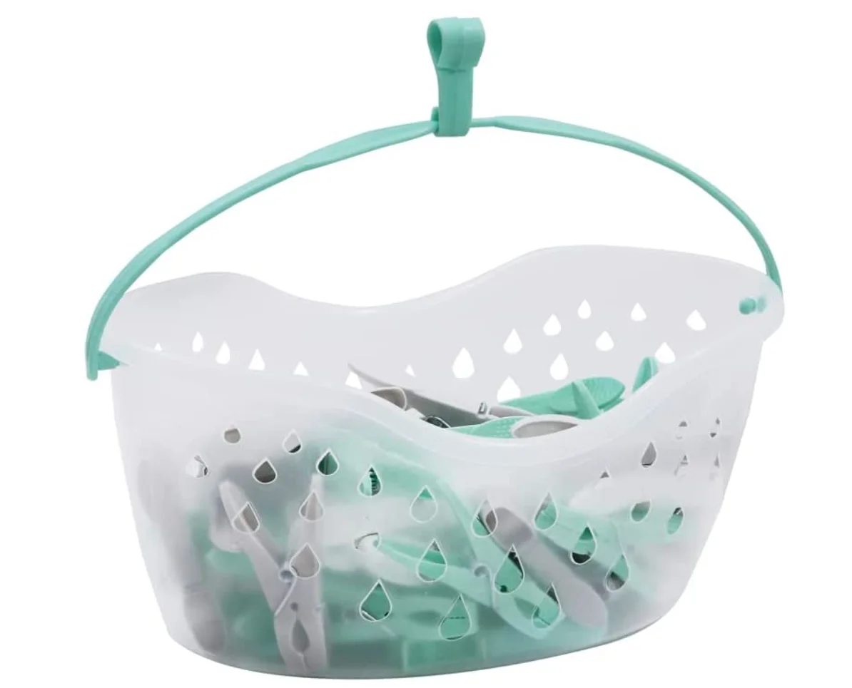 JVL Strong Hanging 36 Plastic Clothes pegs with Clear Basket and Hook
