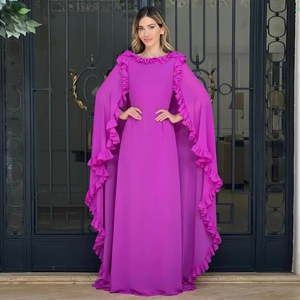 

New Backless Mother Of The Bride Dresses With Long Cape Bateau Neckline Ruffled Sweep Train Chiffon Evening Dress