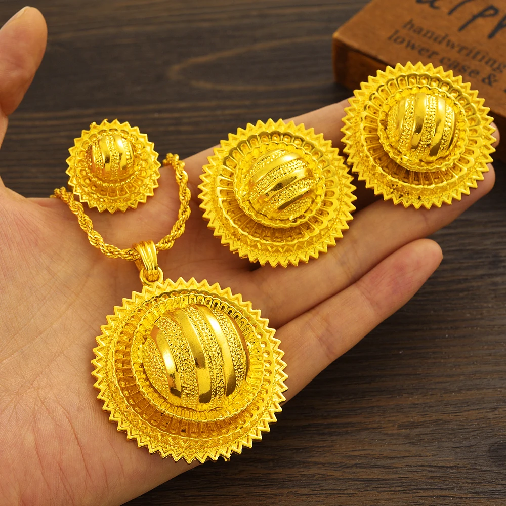 

Classic Ethiopian Big Gold Jewelry Set Necklace Classic Fashion Ethiopia Gold Eritrea Set For Women's Habesha Wedding Party Gift