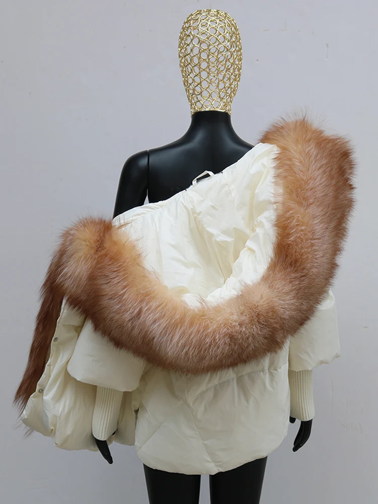 Women Coat White Duck Down Jacket Super Large Real Red Fox Fur Collar Hooded New Fashion Outerwear Puffer Jacket New