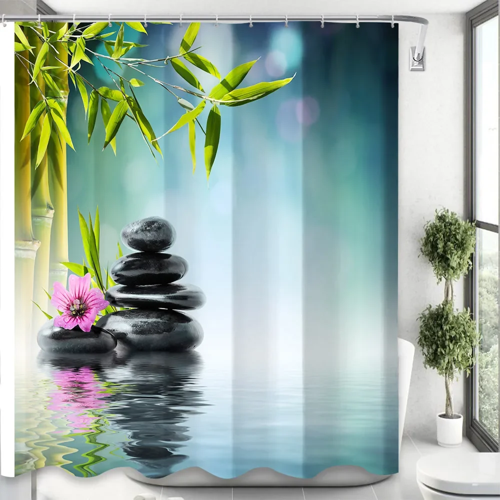 

Шторы для душа Zen из зеленого бамбука, воды, серого камня, фиолетовой орхидеи, спа, природные цветы, пейзаж, водонепроницаемый тканевый комплект для декора ванной комнаты