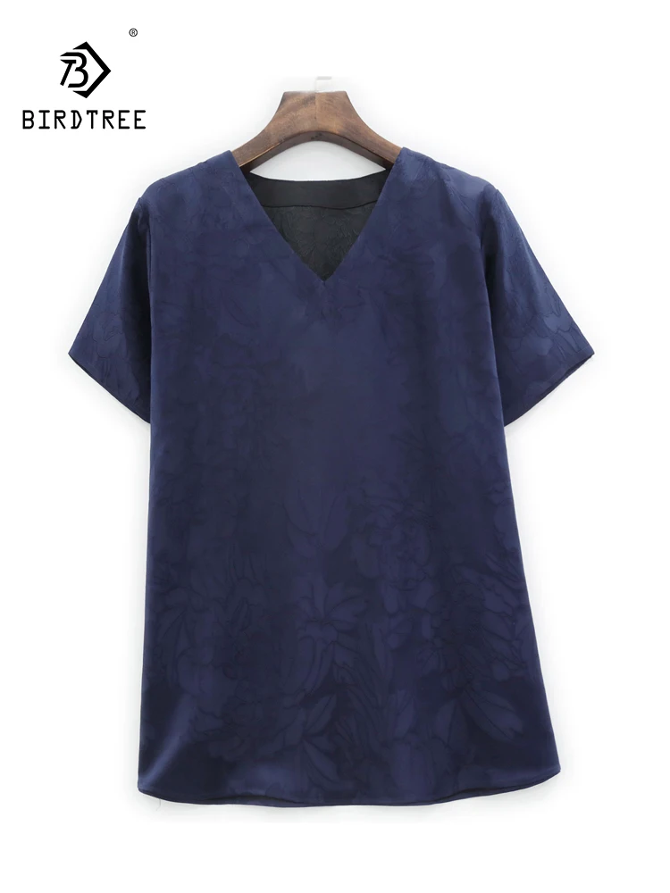 

BirdTree 50MM Real Silk Watered Guaze T-Shirt For Women, Short Sleeve Solid, Retro Commute Loose Blouse, 2024 Spring T43711QC