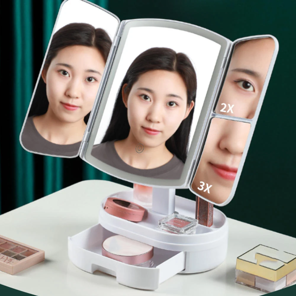 

Folding Makeup Mirror with LED Lights USB Rechargeable LED Vanity Mirror 2X/3X Magnifying Desktop Foldable Cosmetics Mirrors