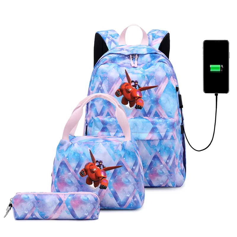 

3pcs Disney Big Hero 6 Baymax Backpack Boys Girls USB Charging Bookbag Mochila Teenager Men Women Travel Casual Backpacks Sets