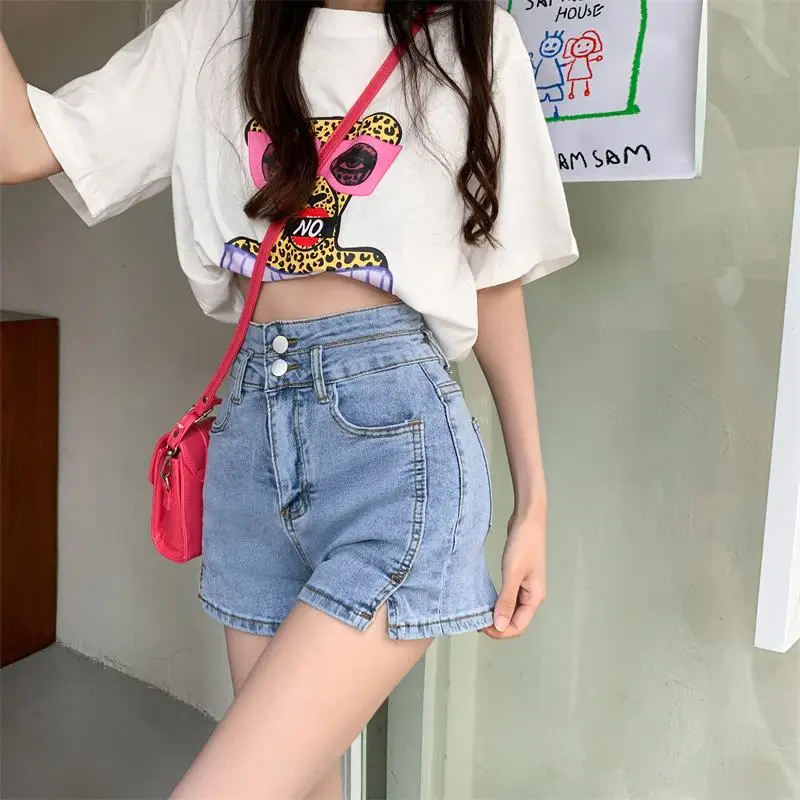 Loose Women's Denim Shorts Sexy High Waist Short Pants for Woman To Wear Blue Mini Jeans with Slit XL New In Vintage Hot Baggy