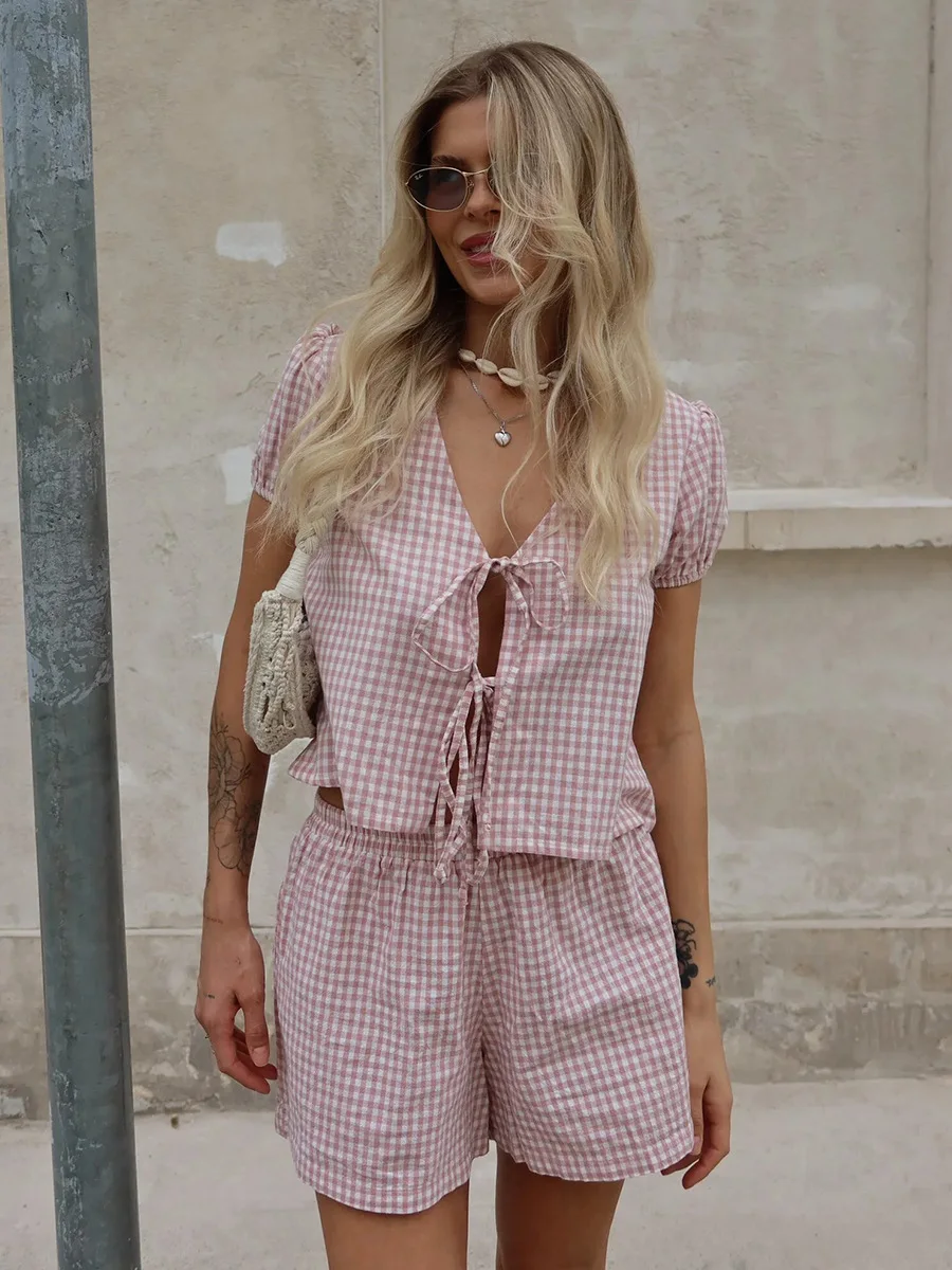 Bornladies Women's Plaid Shirt Short Sleeve Set Elegant Puff Sleeve Lace-Up Shorts Two-Piece Outfit Summer New