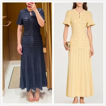 2026 Spring New Female Fashion Splices Threaded Hot Diamond Knitted Waist Short Sleeve Midi Dress 1