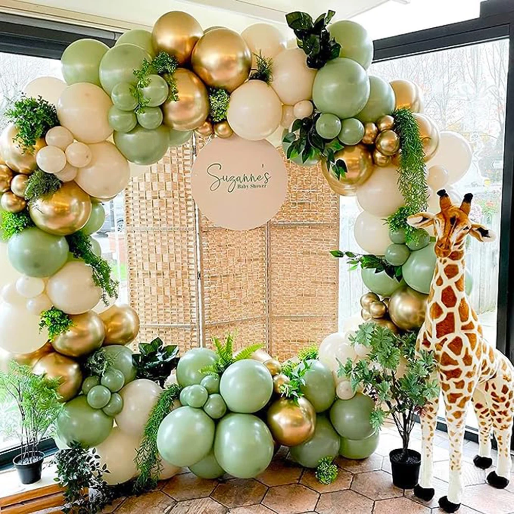 

97pcs Sage Green Balloon Kit Baby Shower Skin Glod Latex Balloons Garland Arch Birthday Party Wedding Jungle Theme Decor Globos