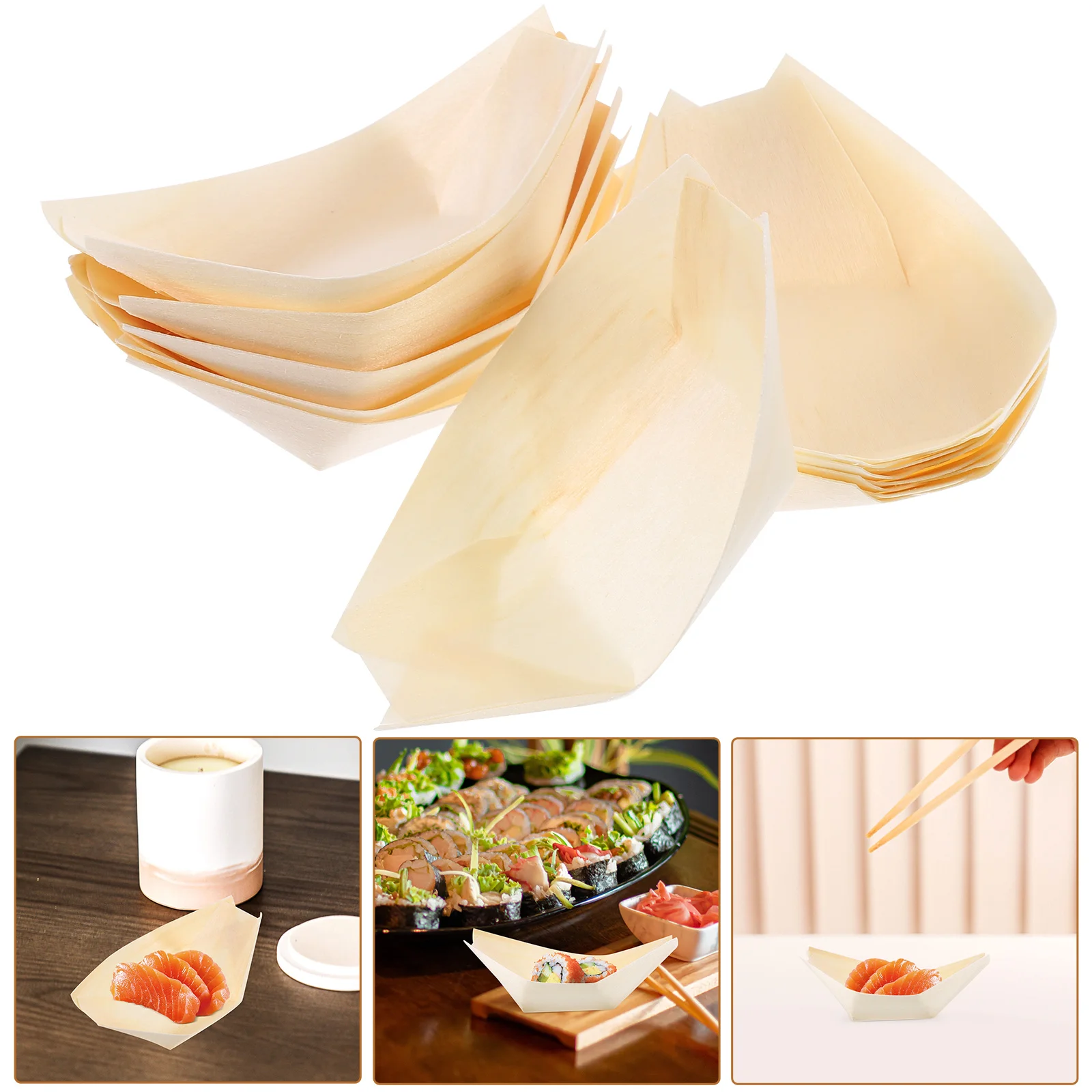 100 PCS Wooden Cutlery Small Boat Shape Dish Desserts Tableware Food Plate Premium Sushi Containers Snack Tray Disposable