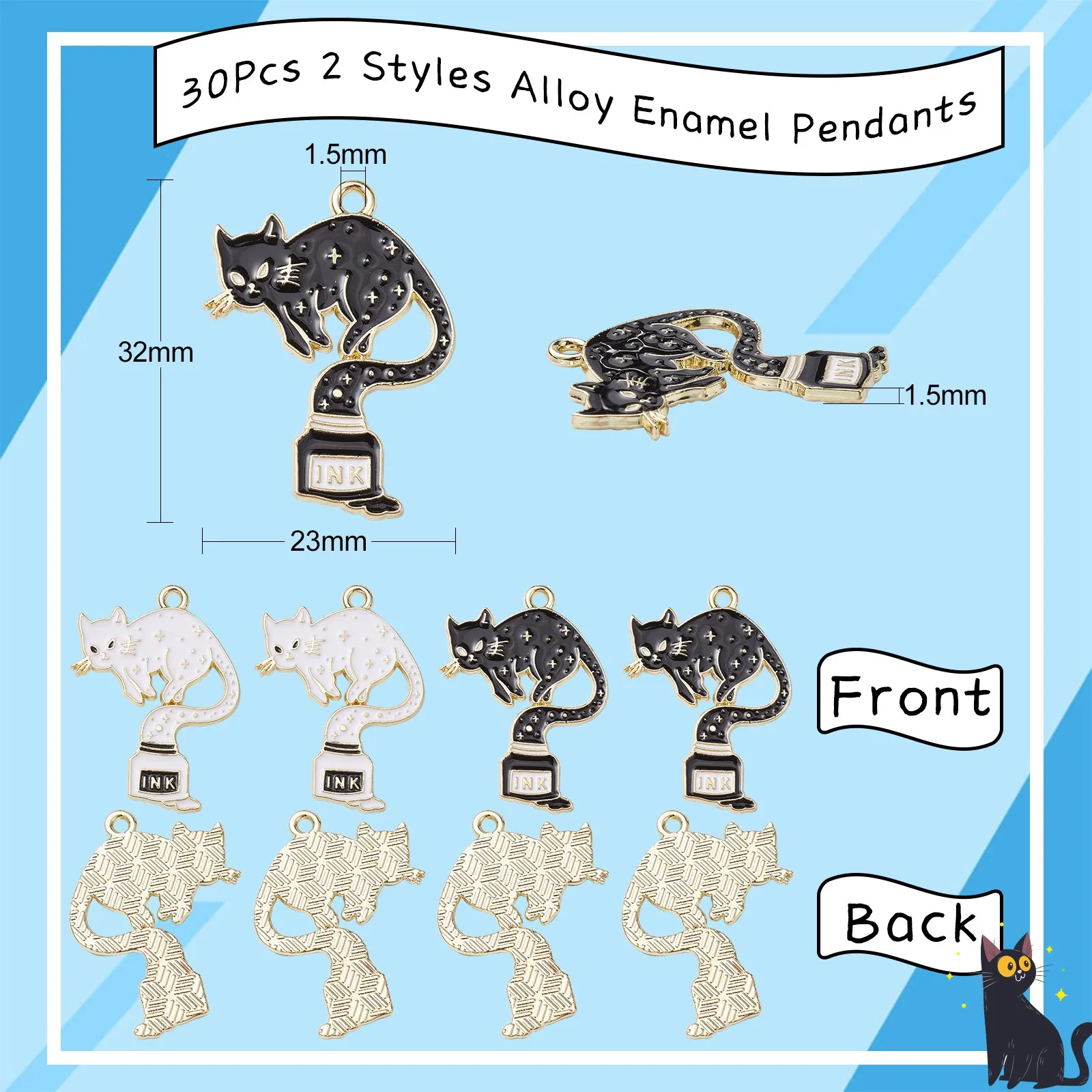 30Pcs 2 Colors Enamel Ink Cat Charms Black and White Cat Charms Lovely Pet Animal Pendants for Keychain Craft Jewelry Making