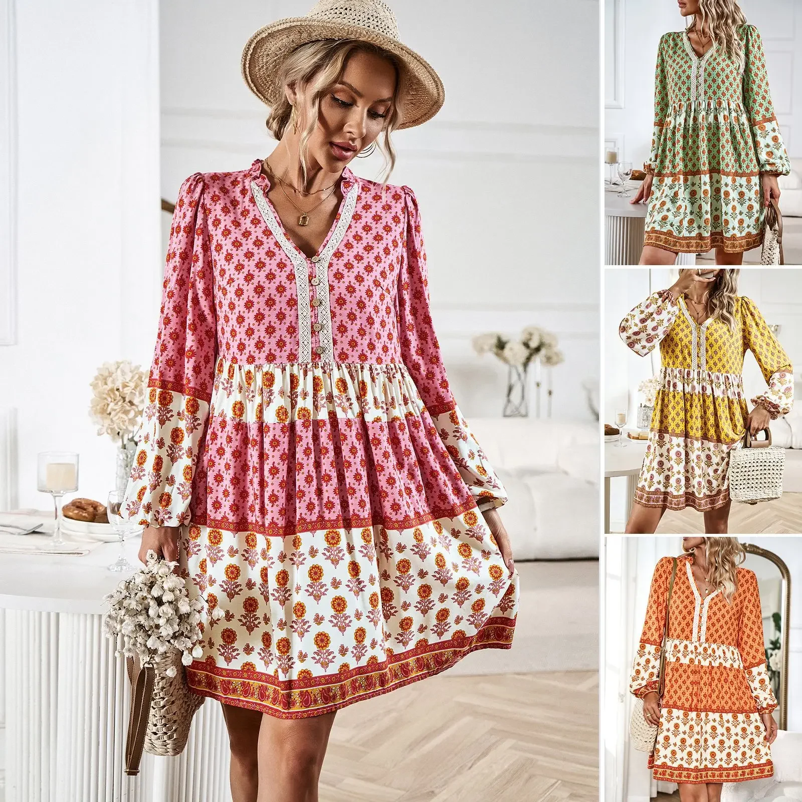 

Bohemian Dress for Women, Long Sleeved, V-Neck, Printed Lantern Sleeve, Loose Casual Dress, Spring