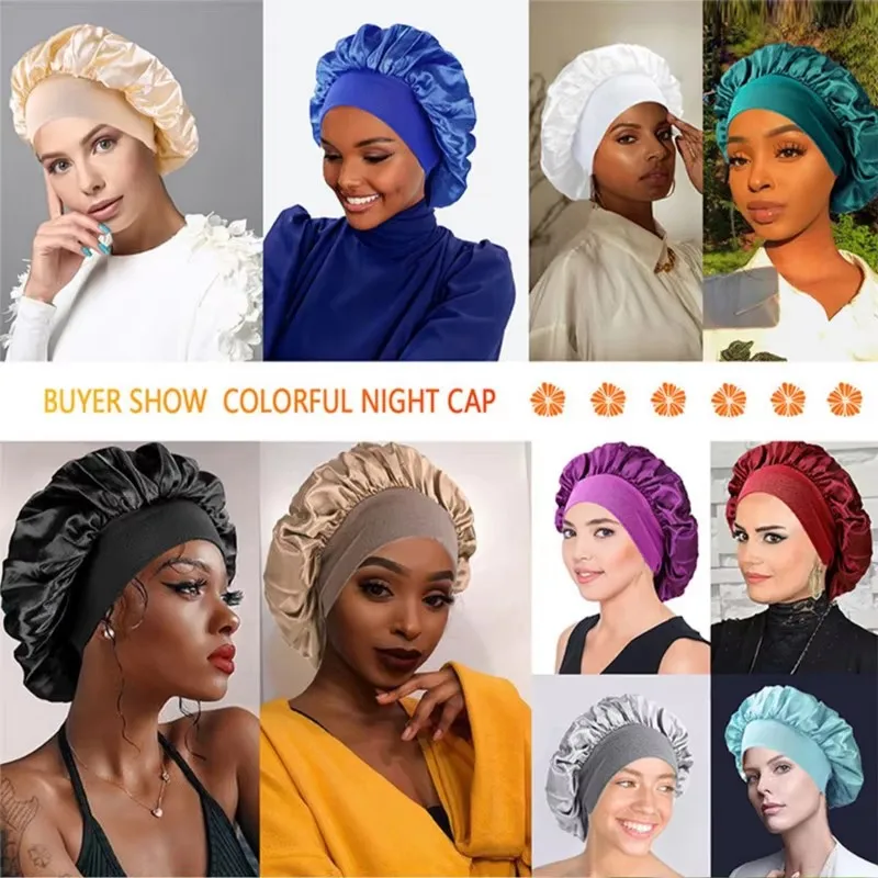 20Pcs Satin Bonnet Black Plain Hair Bonnets With 6Cm Wide Edge Wrap Silk Hat For Sleeping Hair Care Unisex Cap