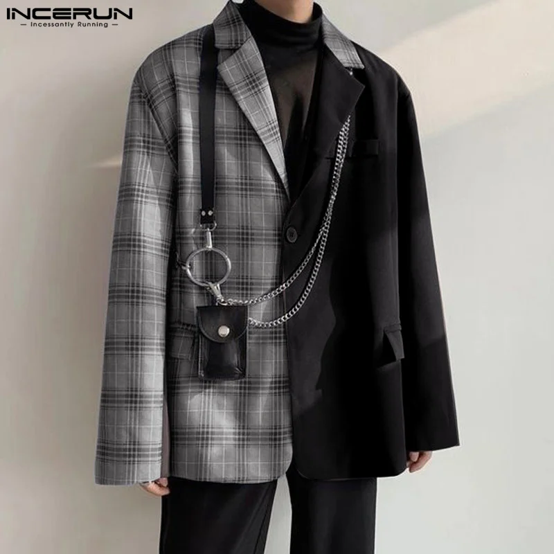 Men Blazer Striped Patchwork Lapel Long Sleeve Streetwear Fashion Casual Suits Men Korean One Button Thin Coats 5XL main image 1