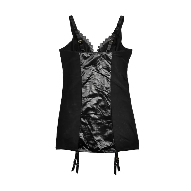 Black Women's Soft Thin PU Leather Gauze Lace Long Sexy Bustier with Removeable Garter Belt Sexy Lingeries SH057