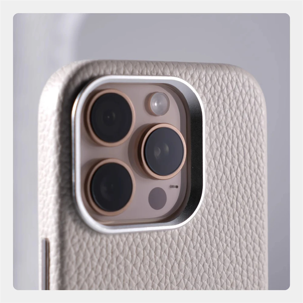 Luxus Business Lychee Textur Leder Stoßfest Fall Für iPhone 17 Pro Max 16 15 14 13 Für MagSafe Magnetische Legierung Objektiv Abdeckung – Detail 4