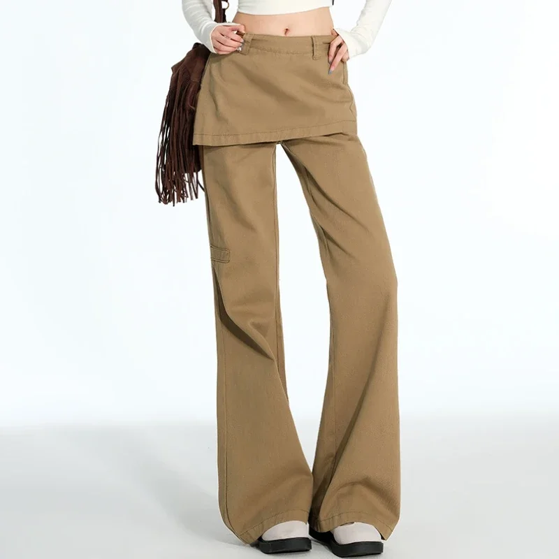 Plus Size Fake Two-Piece Fart Curtain Retro Jeans 2025 Spring Autumn Micro-Pull Cargo Slimming Straight Stacked Wide-Leg Pants