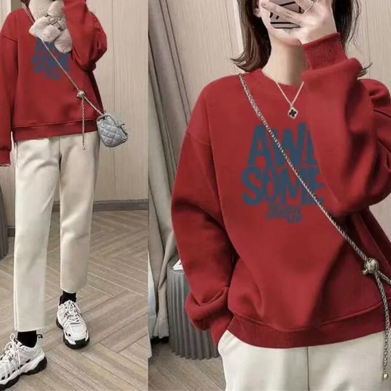 여성용 라운드넥 풀오버, 단색 레터 프린팅 순면 티셔츠, 루즈한 스웨터, 가을 및 겨울 패션