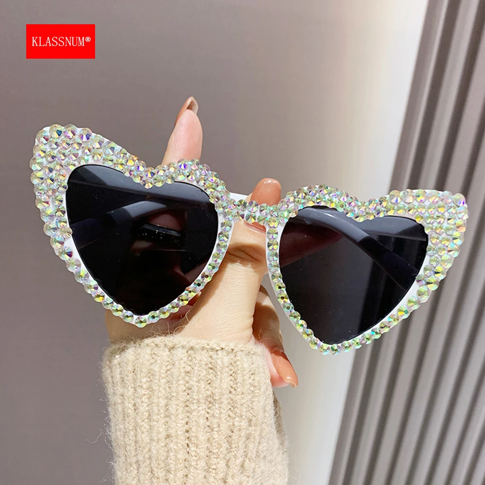 KLASSNUM-Lunettes de soleil à monture diamantée pour femme, lunettes de soleil en forme de cœur, lunettes de fête du Nouvel An, grand, anti UV400, luxe, dames, 2023