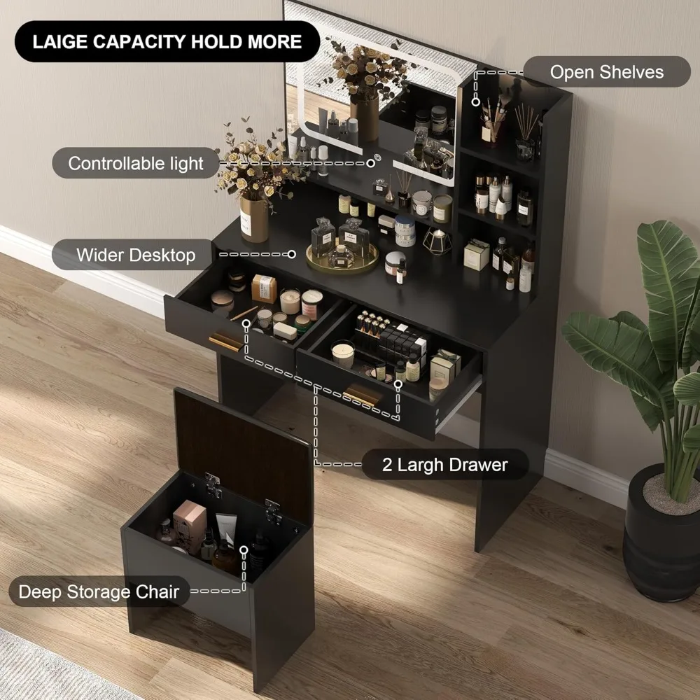 Makeup Vanity with Mirror & LED Lights，Makeup Vanity Table with 2 Drawers & 4 Storage，Small Set Storage Stool