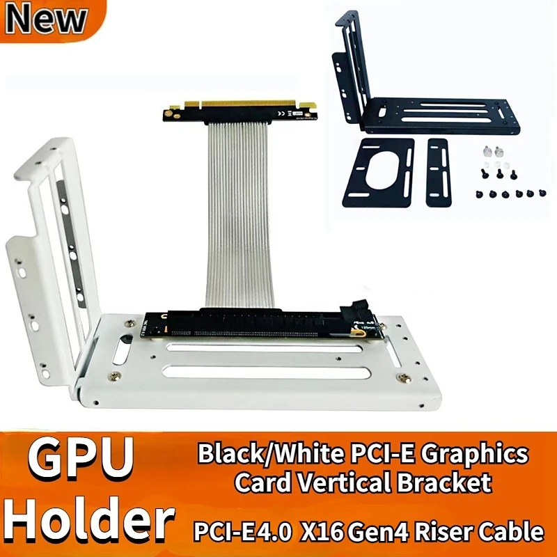 

Riser Silver White & Black PCI-E 4.0 x16 ATX 4090 3090 Graphics Card Vertical Base GPU Holder+GEN4 PCI-E 16X Riser Extender Cord