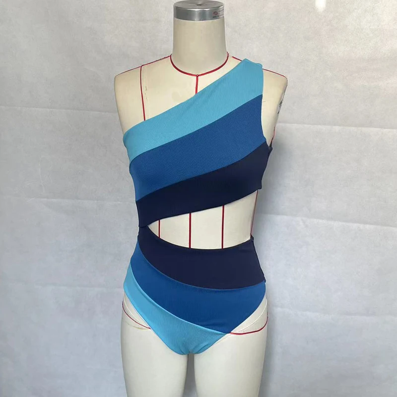 BEACHCICI Women's Bikini One Piece Summer Fashion Sexy Contrasting Color Cutout One Shoulder Slim Vacation Beach Swimsuit