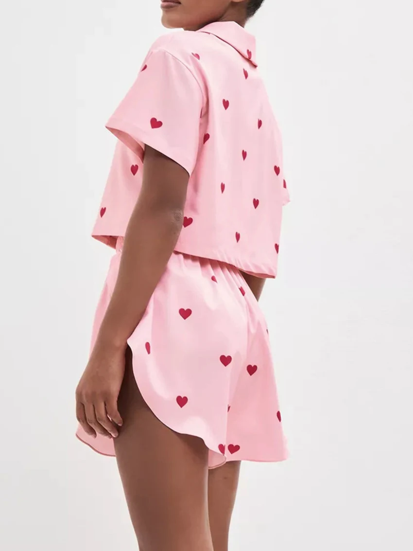 Marthaqiqi Printing Women'S Nightwear Suit Short Sleeve Nightgown Sexy Turn-Down Collar Sleepwear Shorts Loose Femme Nightie Set