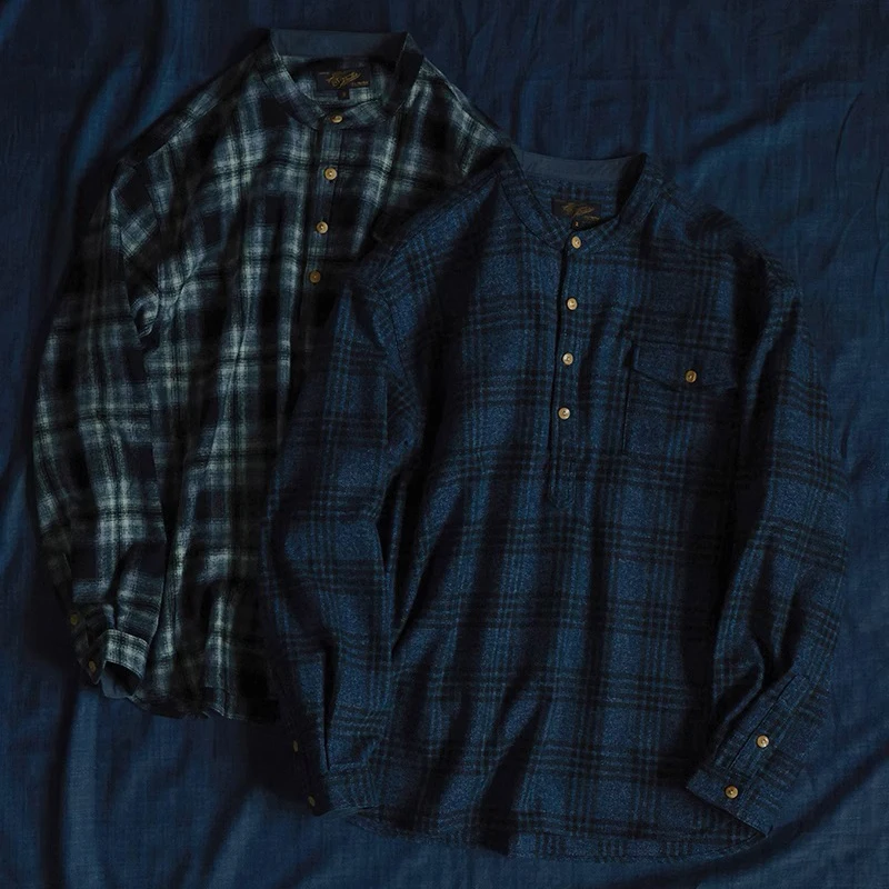 SecondOrderBandCollarPocketPlaidShirtVintageMenChecked