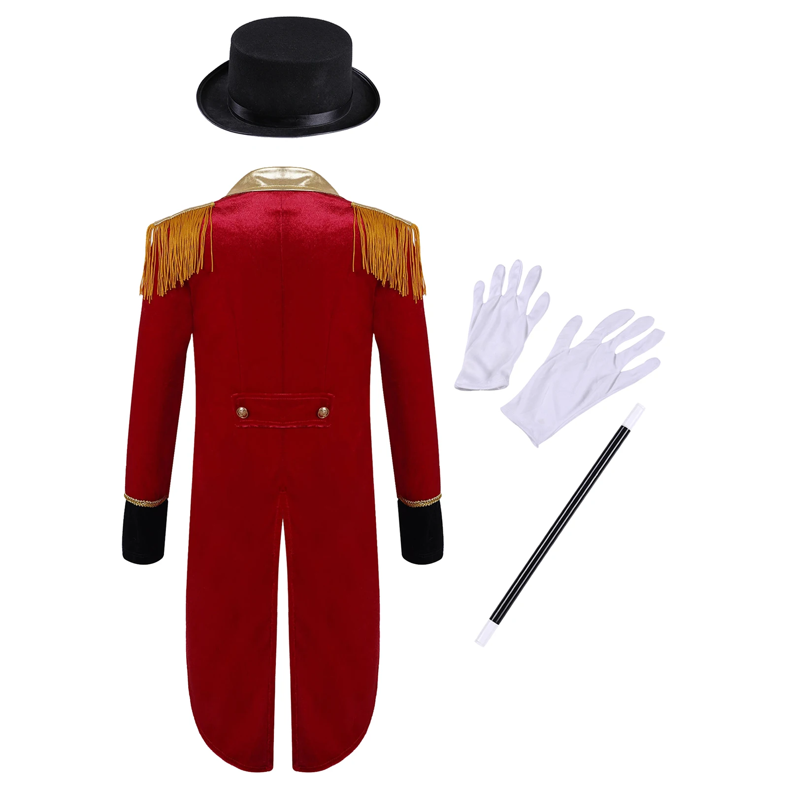 Kids Boys Circus Jacket Costume Medieval Ringmaster Tuxedo Coat Lapel Tailcoat with Hat Magic Wand Gloves Halloween Cosplay Suit