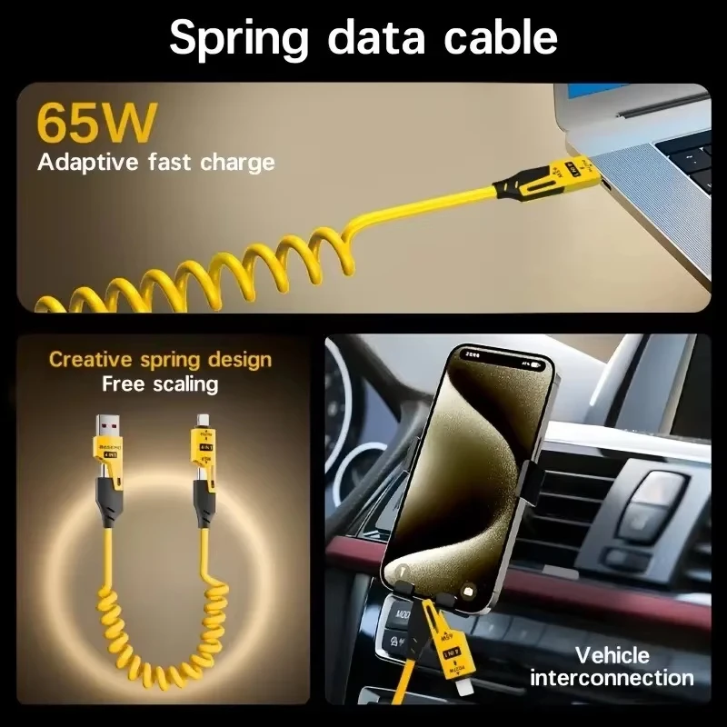 4 in 1 65W 스프링 숏 데이터 케이블 6A USB 타입 C 스프링 텔레스코픽..