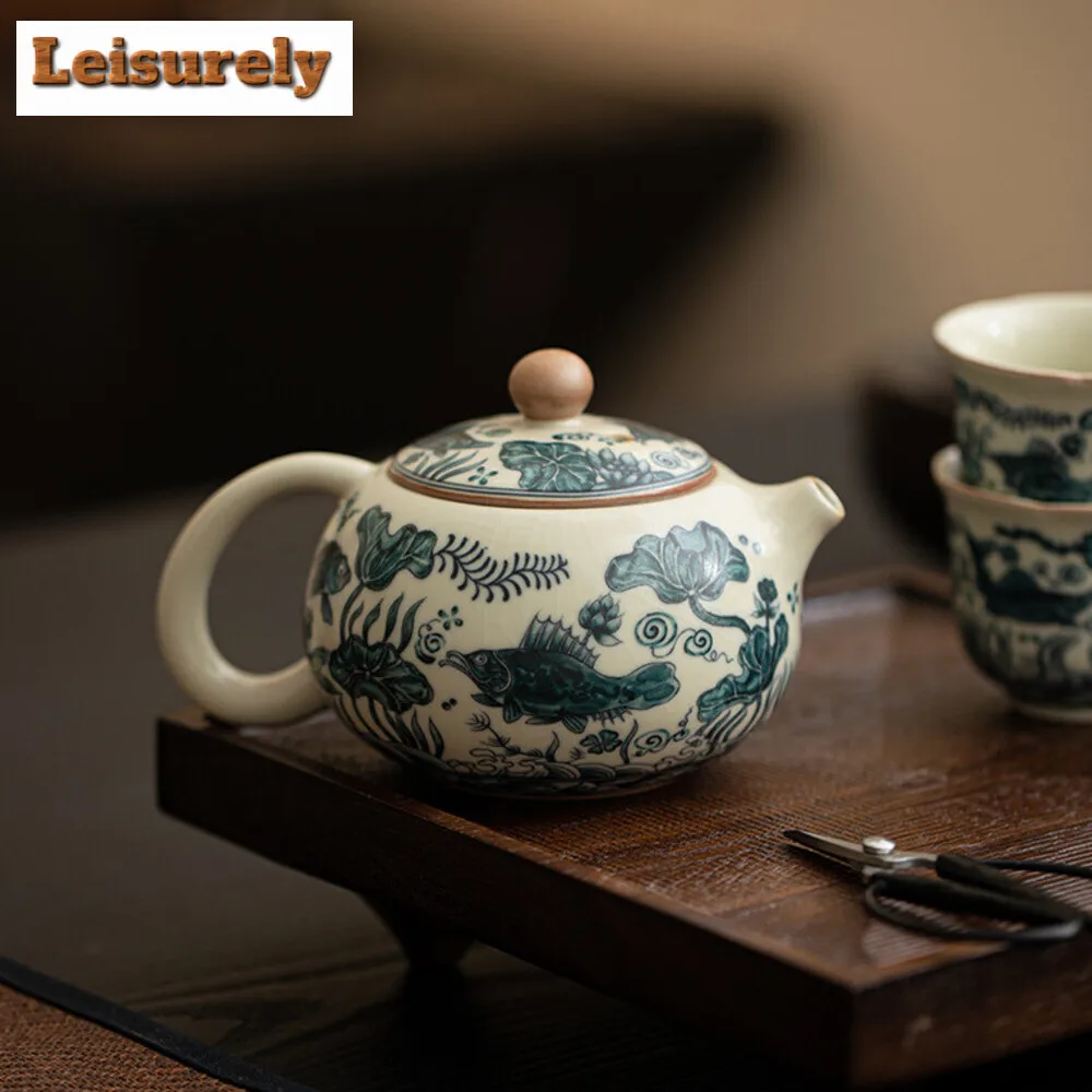230ml Ancient Fish Algae Pattern Xishi Teapot Imitation Song Ru Kiln Ball Hole Infusions Pot Tea Brewing Kettle Cha Collection