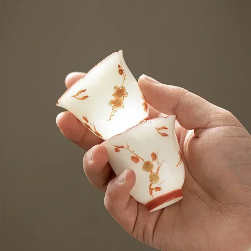 40ml Chinese Ceramic Teacup Master Handmade Suede Jade White Porcelain Tea Bowl Hand-Painted Bird Tea Cup Household Tea Set