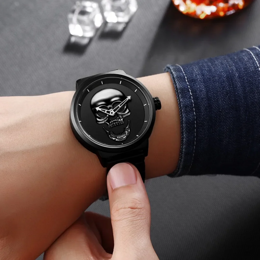 Men Watches Cool Punk 3D-Skull Stainless Steel Top Luxury Brand Sports Quartz Movement Waterproof Shockproof Male Wristwatches 6