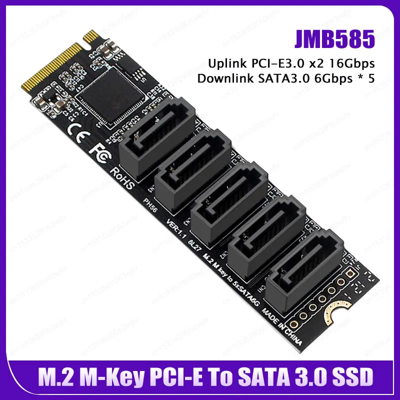Riser Card M.2 Chave Jmb585 para Conversor Nvme com Sataiii Sata 3.0 Cabo M.2 Pcie 3.0 para Portas Sata Iii 6g Ssd Adaptador Cartão
