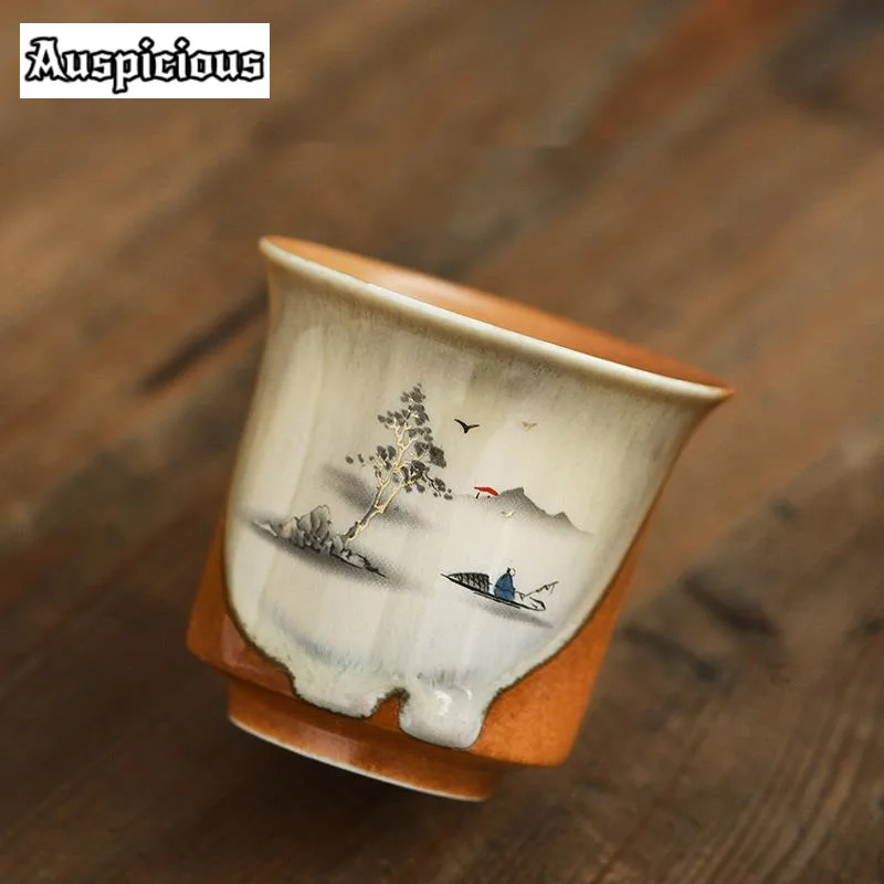 Tea Cup 120ml Antique Soda Galze Ceramic Teacup Retro Ink River Fishing Master Cup Japanese Coarse Pottery Large Mug Kung Fu Teaset Gift