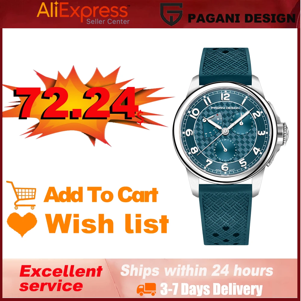 

PAGANI DESIGN Quartz wristwatch 40mm Sapphire Glass Silicone Strap 100M Waterproof Sports Watch for Men PD1780 reloj hombre