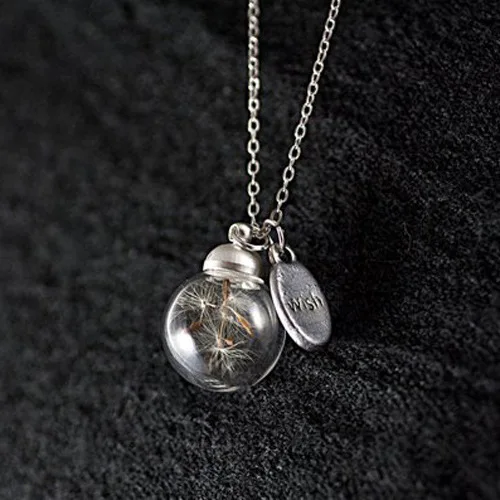 Round Orb Dandelion Dried Flower Pendant Necklace Charm Natural Dandelion Glass Ball Transparent Lucky Wish Glass Vial Jewelry