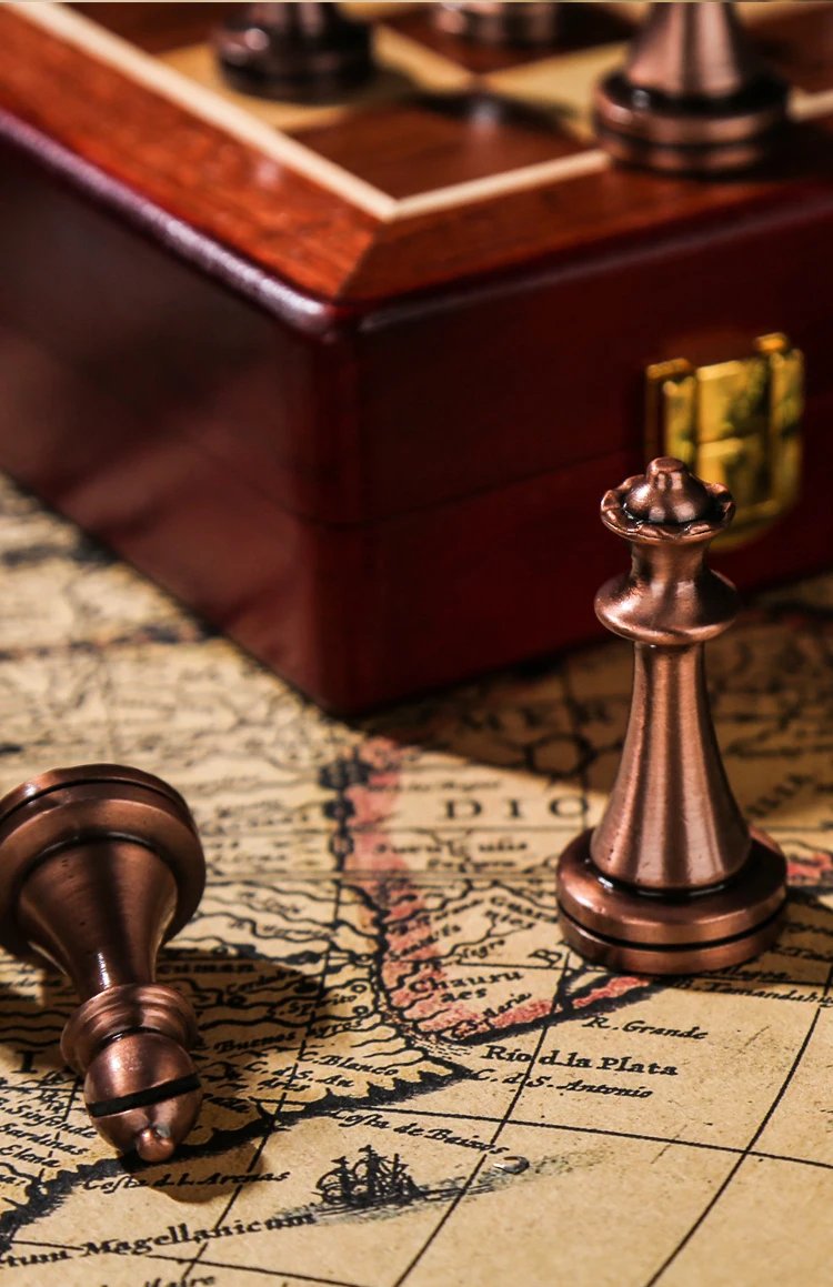 Description Picture 6 of itemHigh-End International Chess Set with Wooden Folding Board Metal Pieces Gift Box Retro European Ornament for Entertainment