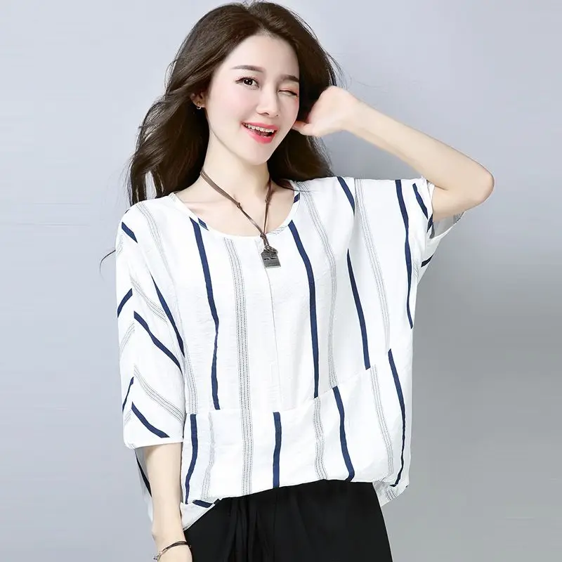 Fashion Printed O-Neck Spliced Striped Blouse Women's Clothing 2023 Summer New Casual Pullovers Loose Batwing Sleeve Shirt