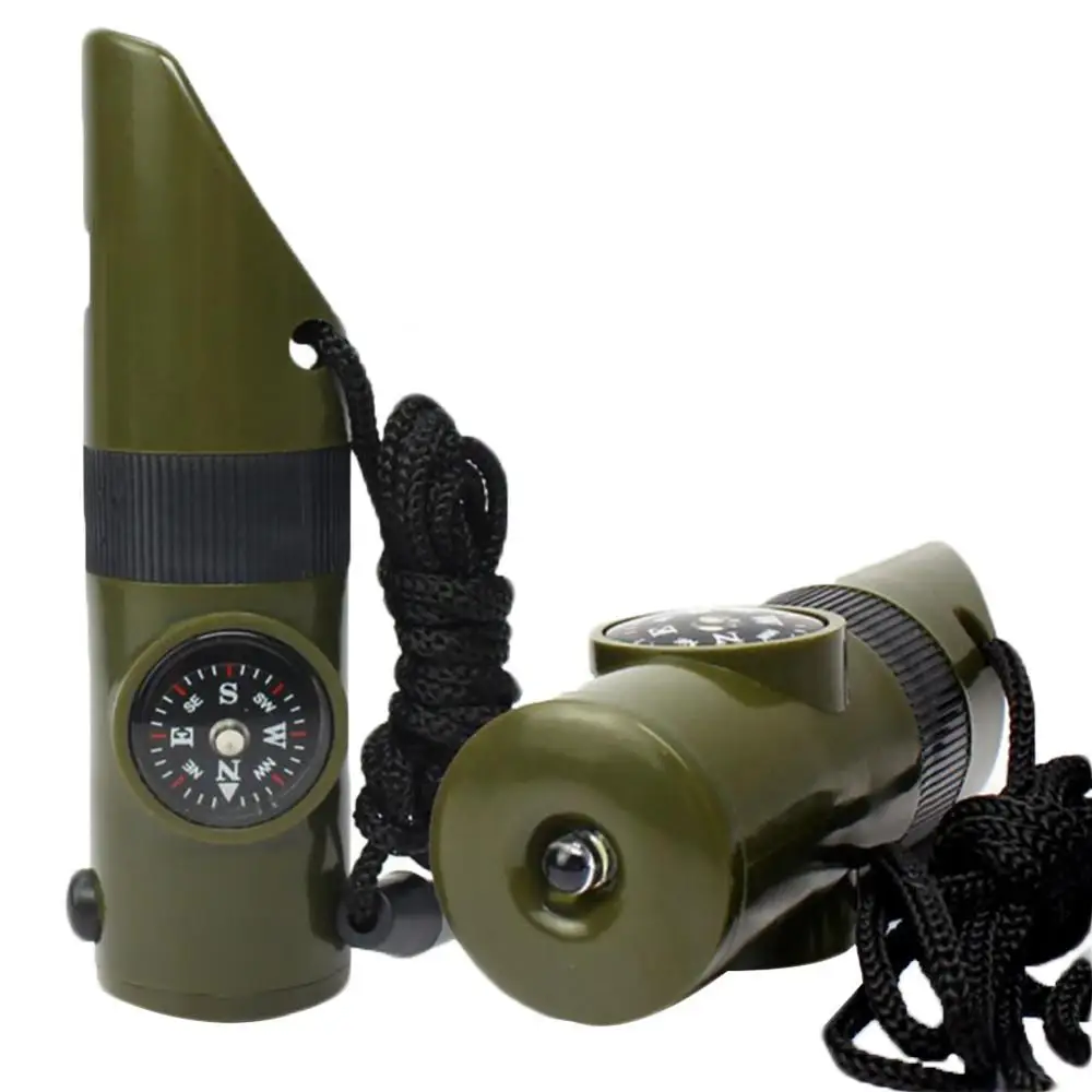 

7 in 1 Outdoor SOS Survival Whistle with Compass Thermometer LED Magnifier Tools