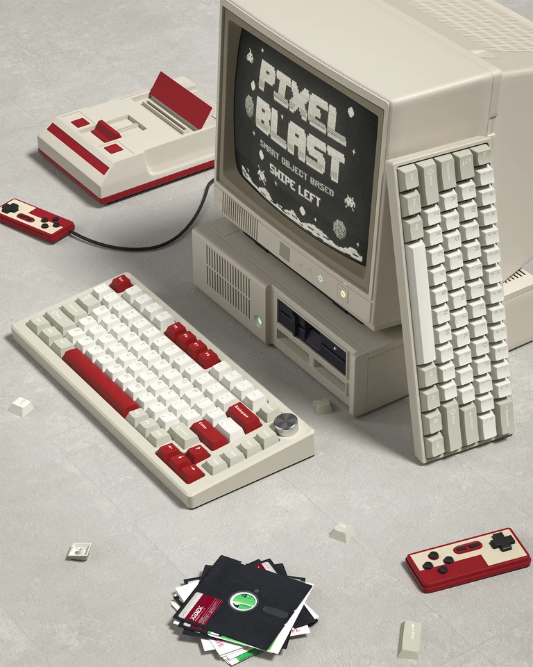 138 キーレトロ白グレー赤 PBT キーキャップダブルショットチェリー