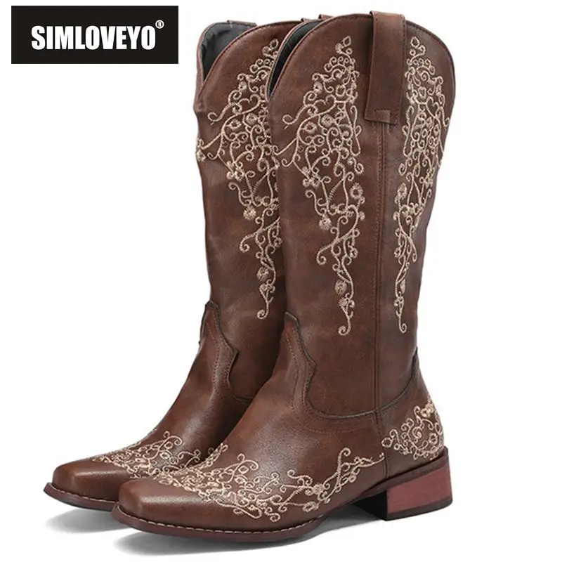 

SIMLOVEYO 2022 Embroidered Sleeve Mid-heel Western Cowgirl Boots Vintage Casual Handsome Knight Boots Women Big Size 35-48 S3715