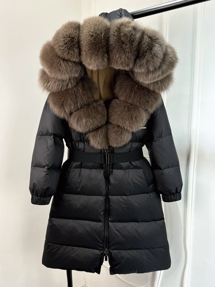 Janveny New Natural Thick Warm 90% White Duck Down Coat Long Winter Jacket Women Real Big Fox Fur Collar Belt Loose Puffer Parka 3