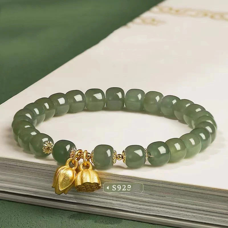 

Натуральные драгоценные камни Hotan Jade браслет с цветком лотоса Jasper Nephrite, счастливые амулеты 6 мм, зеленые нефритовые браслеты, высокое качество, лучшие подарки, ручная нить