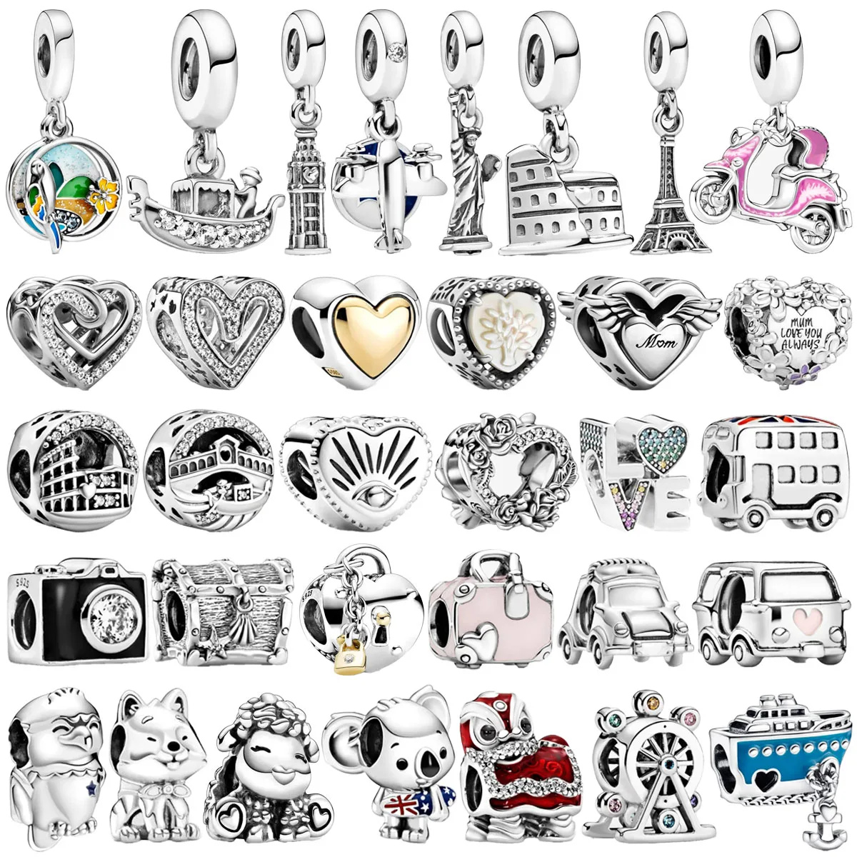 

Original 925 Silver Plated Animal Heart Flower Box Car Tower Mother Pendant Beads for DIY Bracelet Ladies Jewelry Gift