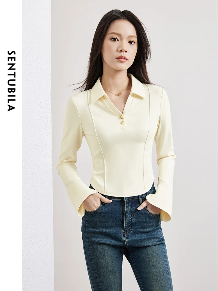 

SENTUBILA Polo Collar Slim Cropped Knitted T-shirt 2024 Spring Long Sleeve Knit Tops Casual Solid Short Pullovers 141T53215