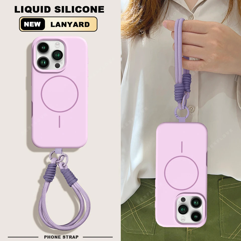 Lanyard Liquid Silicone Phone Case with Magnetic Wrist Strap and Protector Cover