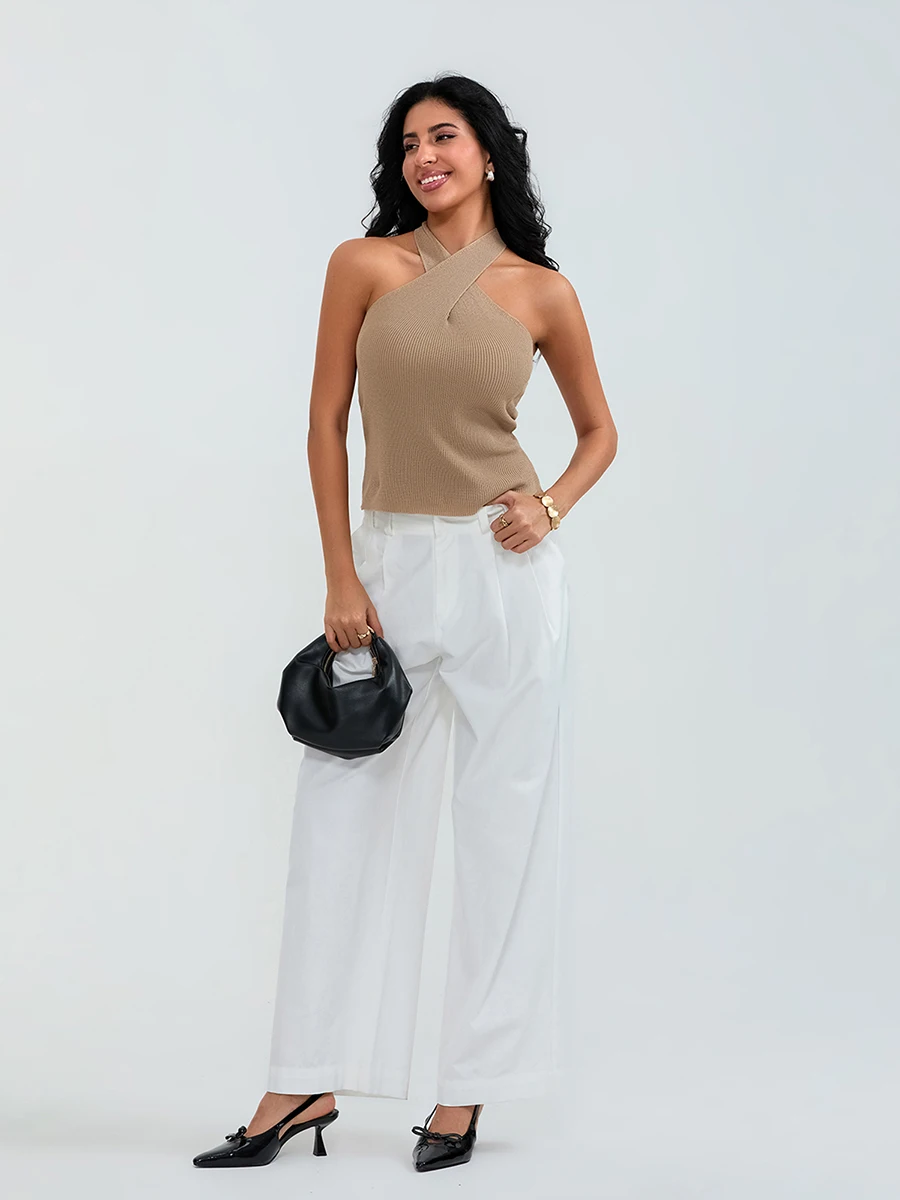 Women's Summer Knit Tank Tops Solid Color Sleeveless Cross Front Slim Sweater Vest Ladies Chic Camis Vest for Streetwear Y2K 00s image