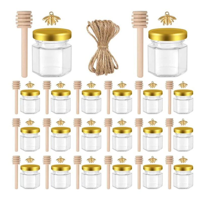 20PCS 1.5OZ Honey Glass Hexagonal Party Favors Empty  Bee Pendants Gold Lid Mini Hexagons Glass Honey Jar With Wooden Dipper