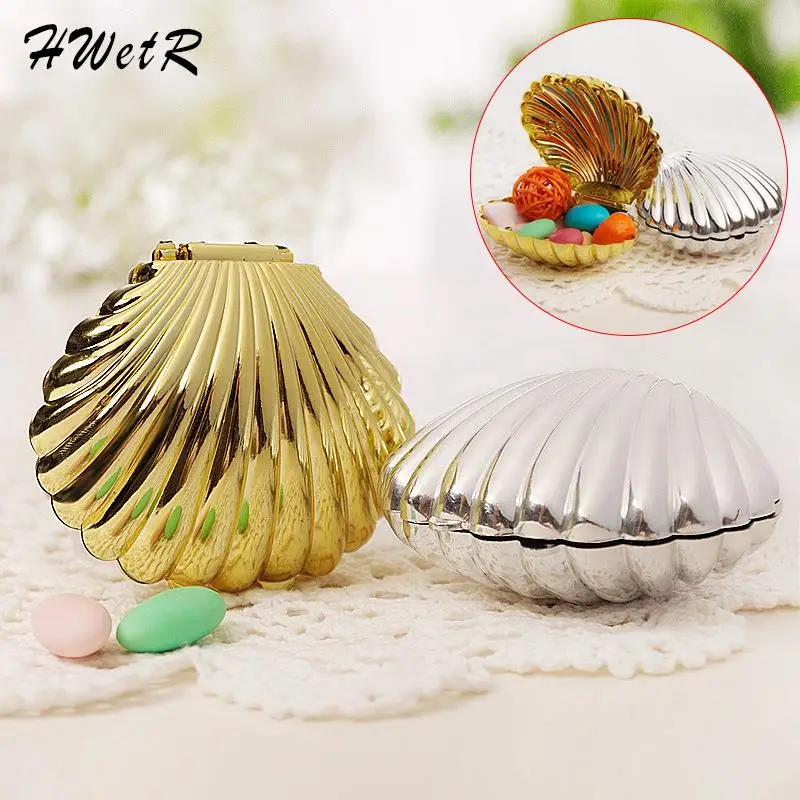 

Gold Silver Shell Favor Candy Boxes Wedding Gift Box Biscuit Cookies Packaging Box Jewelry Storage Organizer Party Supplies