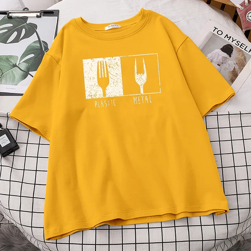 

Printing Women T Shirt Tableware Fork Retro Style Crewneck Oversized Clothing Spring Summer Top Crewneck S-Xxxl Woman T Shirts